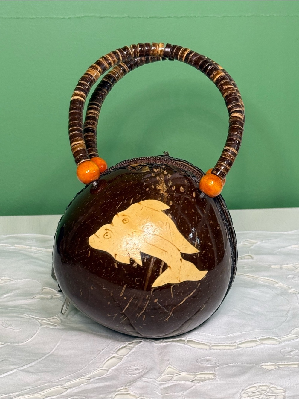 Hand Crafted Brown Coconut Shell Round Bag with Fish Inlay